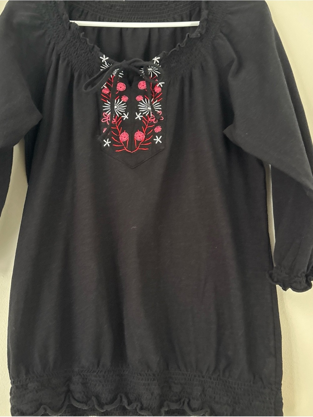 Style & Co. Black Peasant Tunic with Pink & White Embroidery